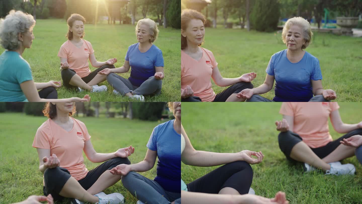 老年闺蜜在公园一起练瑜伽