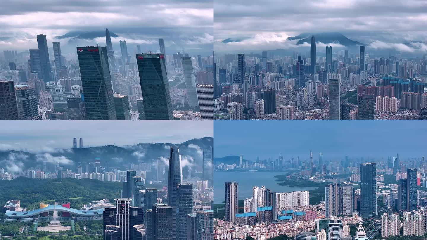 航拍深圳城市天际线低空云