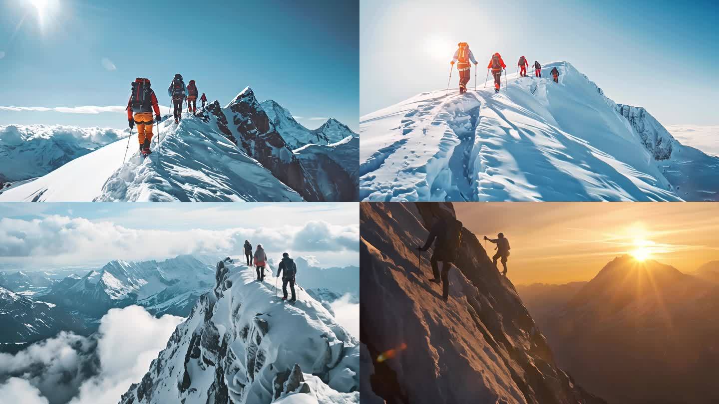 团队爬山励志前行，雪山之巅勇攀高峰登