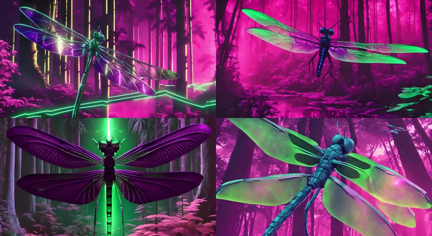 蒸汽波蜻蜓背景舒展翅膀