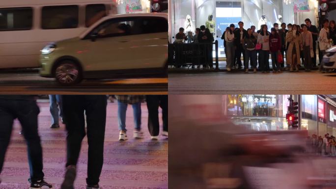 杭州城市夜晚行人过马路车流人流脚步视频素