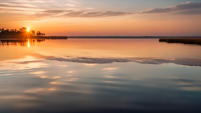 夕阳下平静的湖面水面