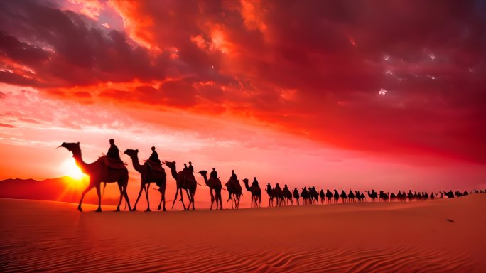 红火沙漠中的骆驼