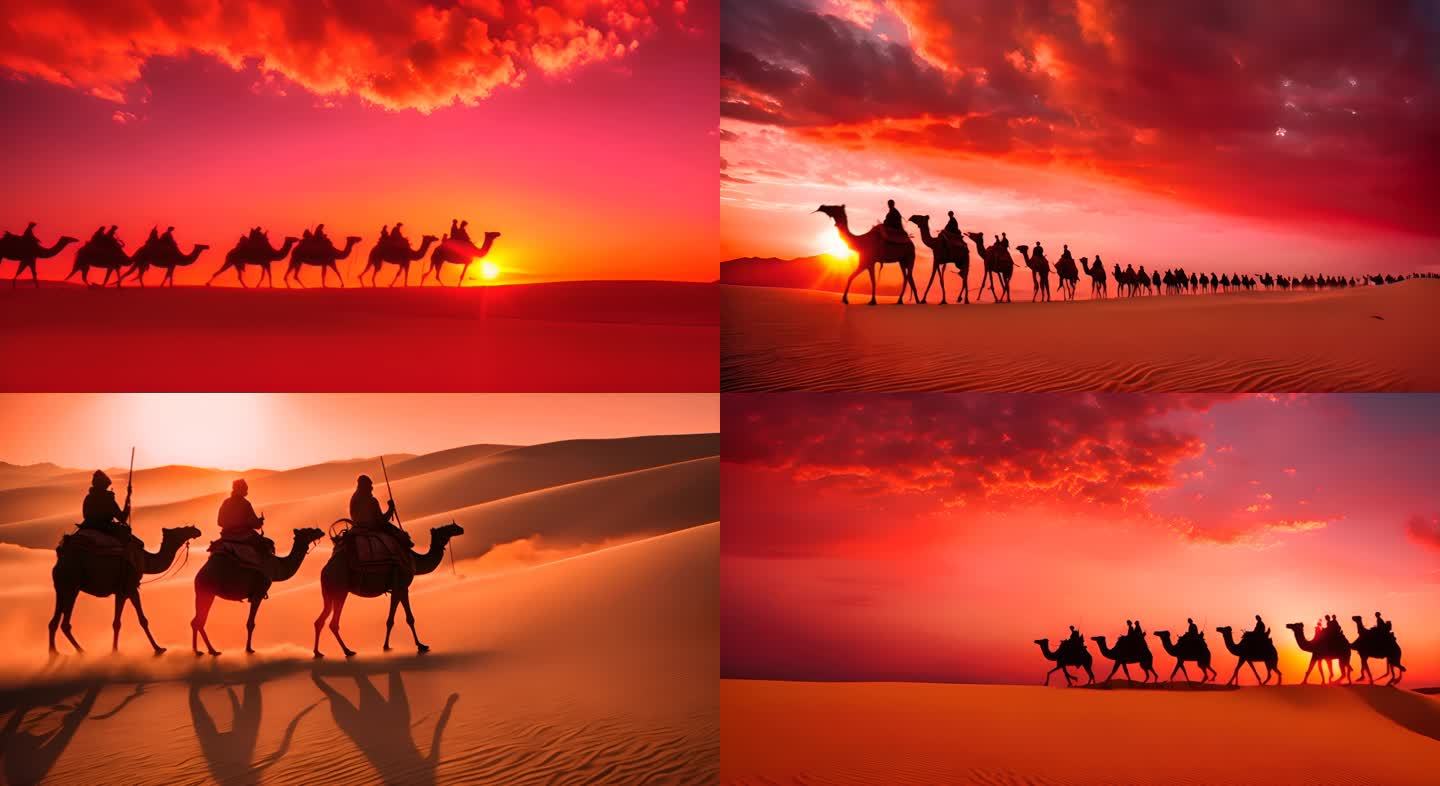 红火沙漠中的骆驼