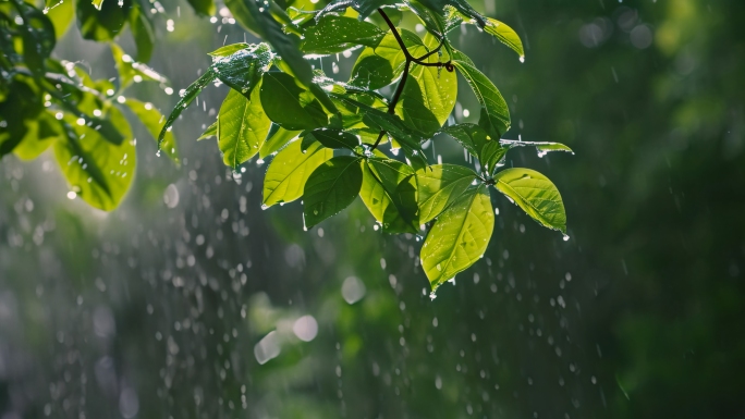 夏天下雨绿色森林雨天丁达尔光线阳光树林