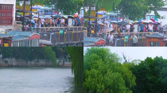 江苏苏州寒山寺江南水乡下雨季游客风景风光