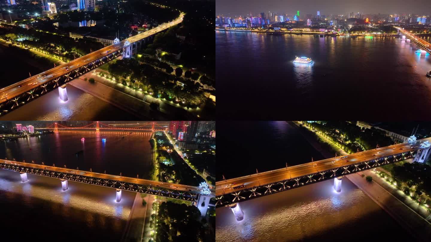 武汉长江大桥龟山电视塔航拍夜晚夜景车流交