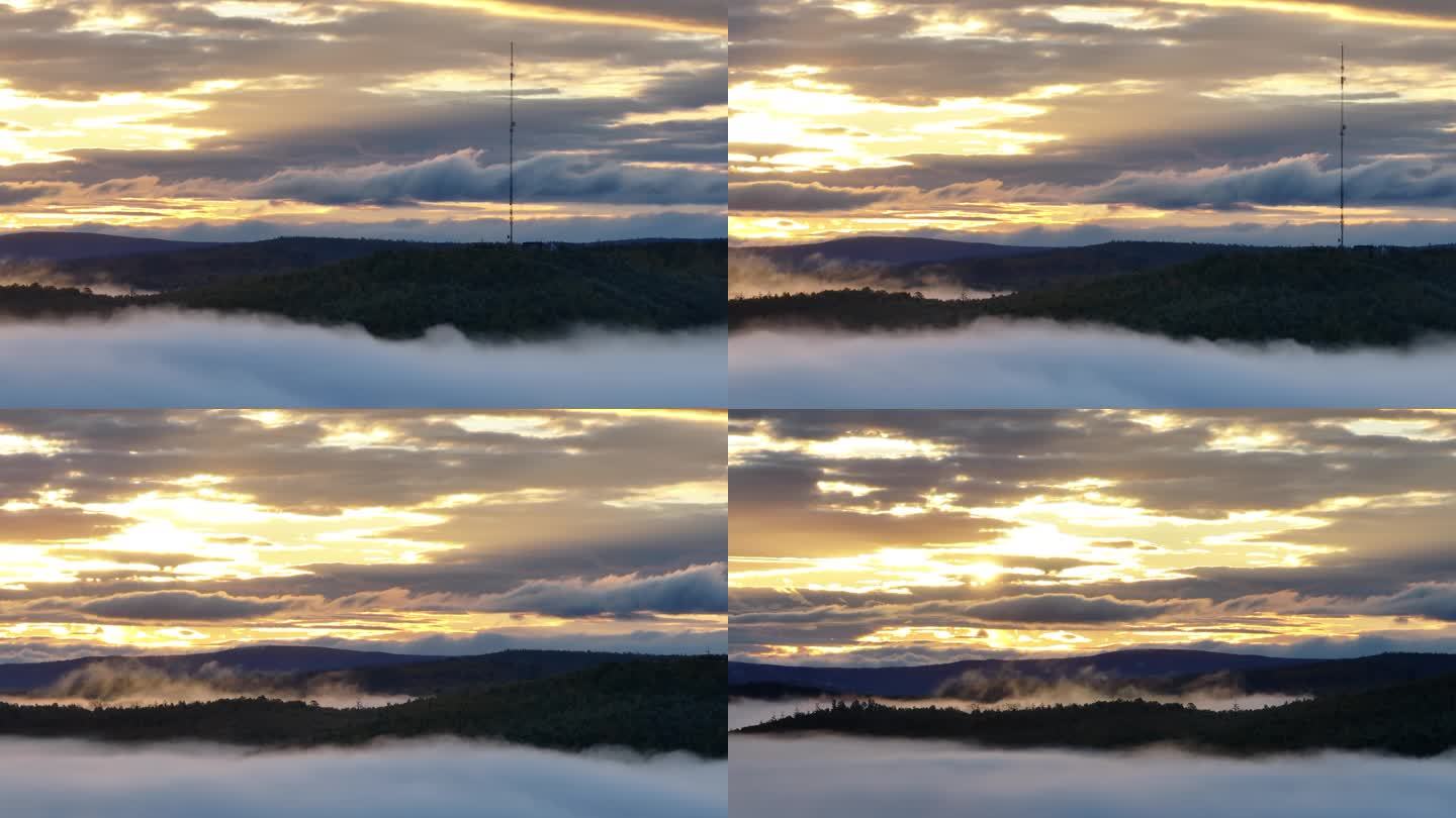 4K-Log-航拍日出红霞、平流雾、树林