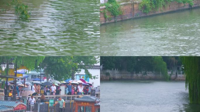 江苏苏州姑苏寒山寺江南水乡下雨季游客风景