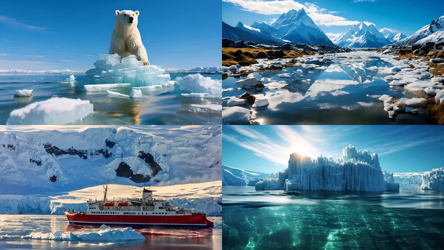 南极北极冰川北极熊企鹅冰块融化冰雪航拍