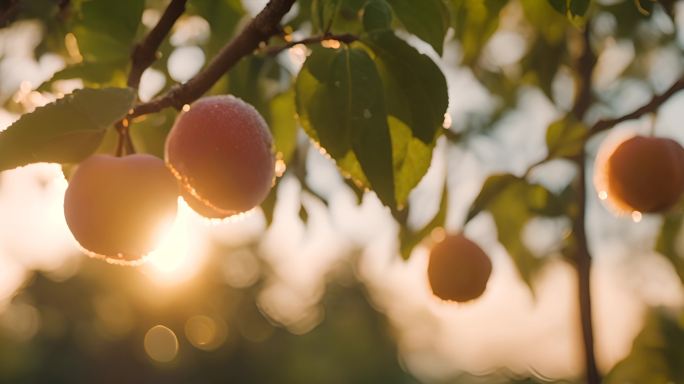 夕阳下树上成熟的桃子