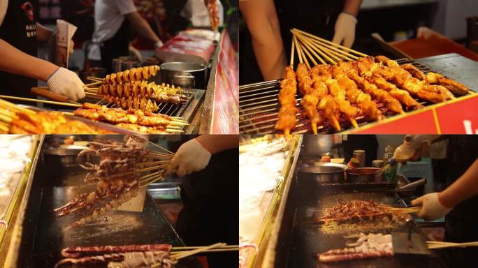 城市夜市烧烤美食街小吃夜生活撸串铁板鱿鱼