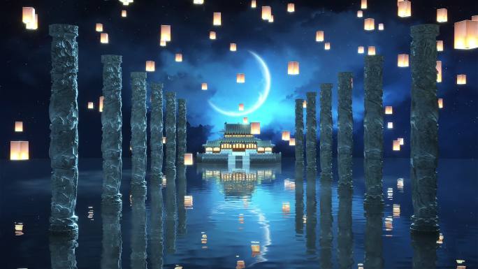 孔明灯 中国风  古建筑  龙柱  月亮