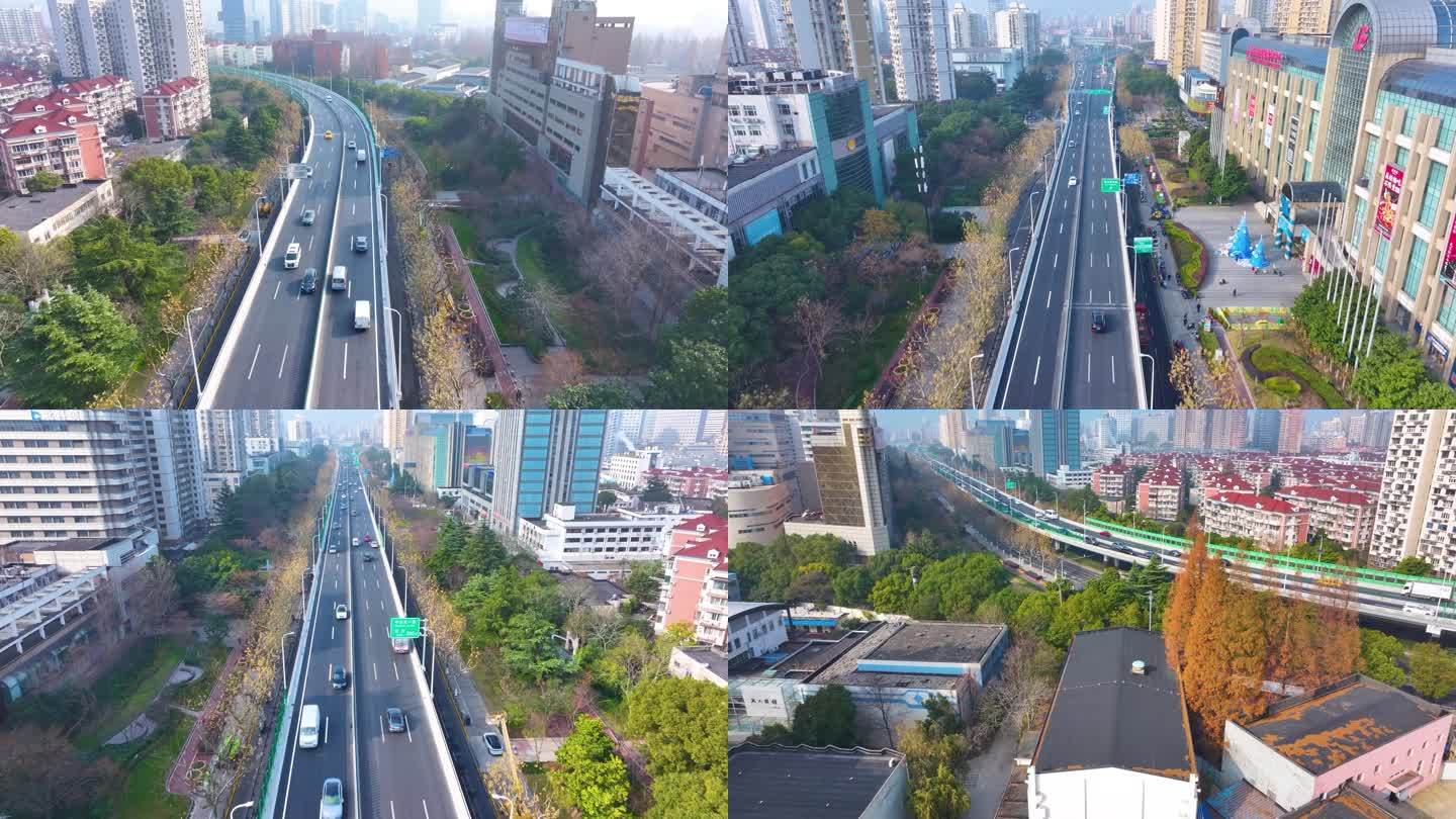 上海虹口区内环高架路航拍车流马路道路城市
