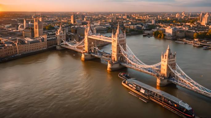 伦敦泰晤士河的空中日落景观