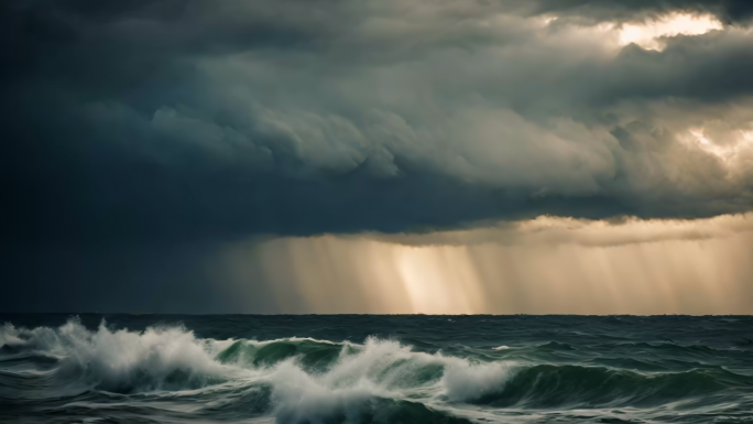 海上暴雨 雷电 乌云 海浪 狂风