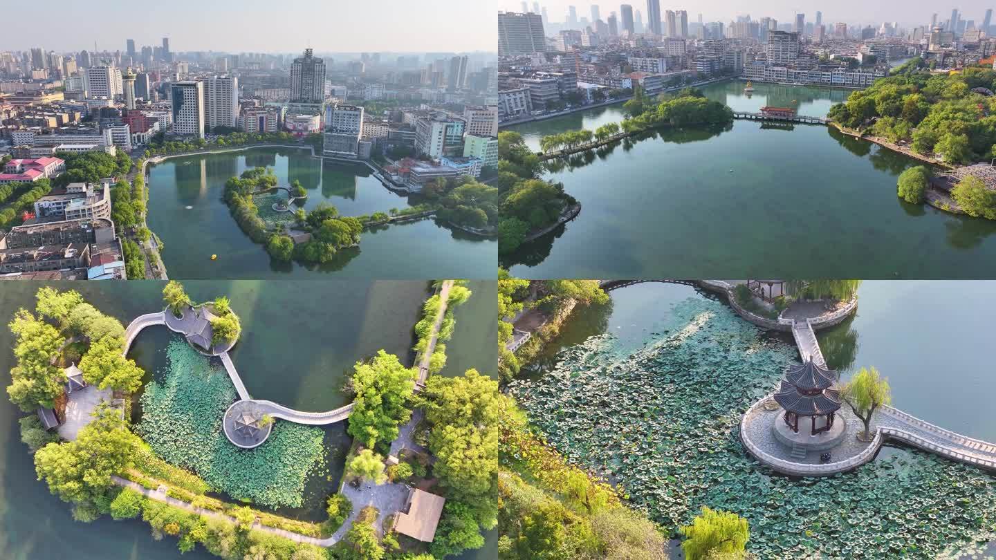 江西南昌八一公园航拍百花洲城市地标风景风