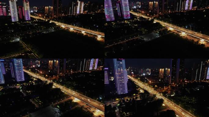 航拍-武汉汉口江滩的城市高架夜景