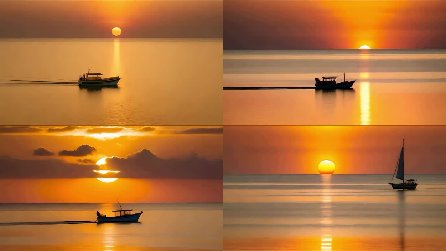 日出日落大海海面孤舟小舟