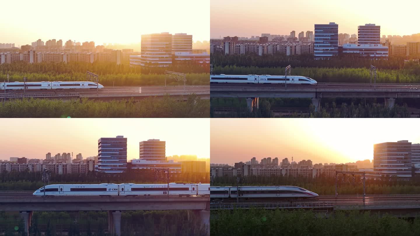 日出日落高铁 夕阳下高铁 铁路