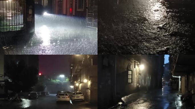 暴雨倾盆洪水泛滥夜巷雷声大雨滂沱大雨雨滴