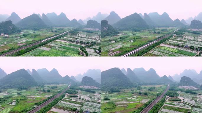 广西桂林高铁和谐号两车交汇大气航拍