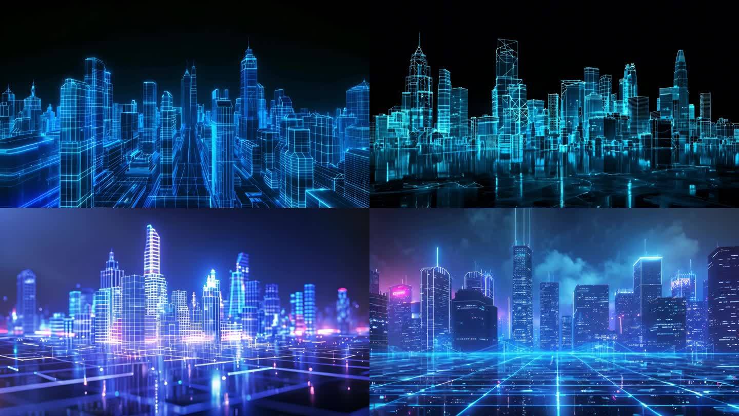 AI互联智慧城市，蓝色发光虚拟未来城市