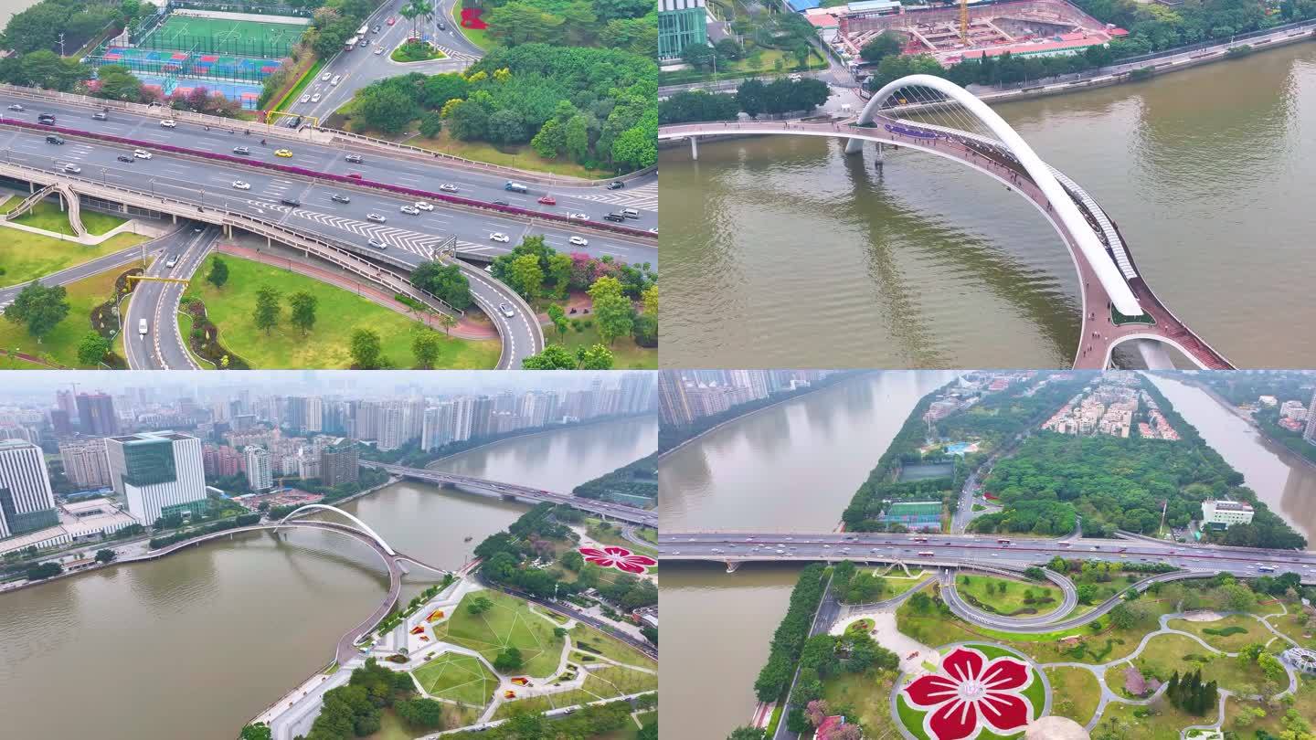 广州海心沙航拍广州大桥海心桥天河体育中心