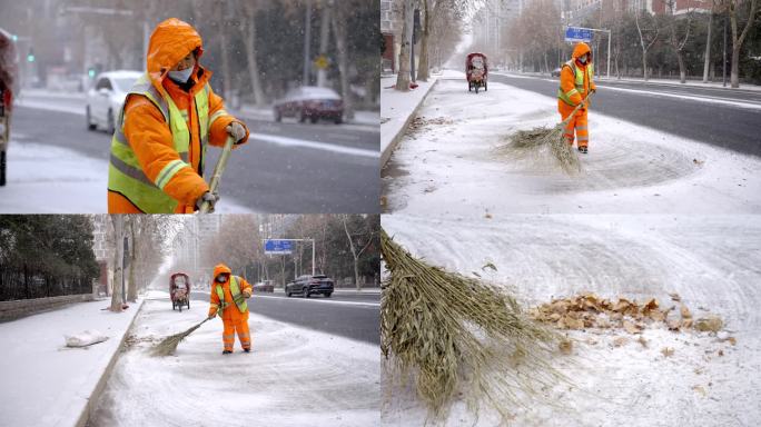 郑州大雪暴雪天气环卫工人在清扫落叶扫地