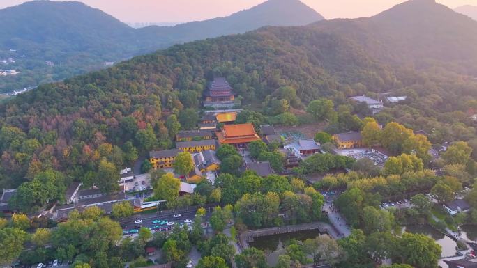 杭州西湖区净慈禅寺航拍唯美大自然风光群山