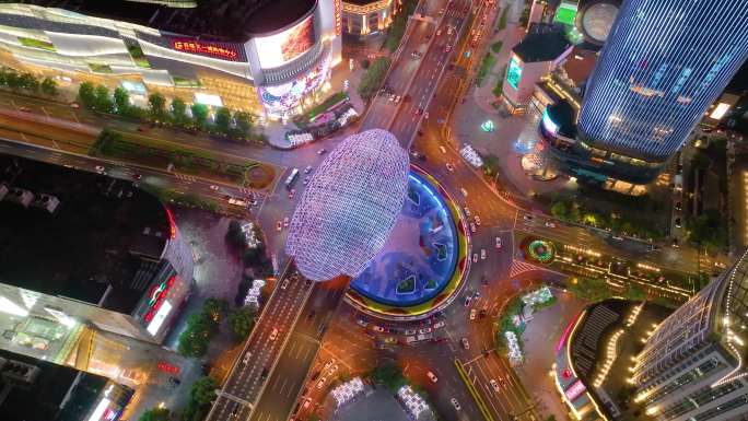 上海市杨浦区商圈五角场广场夜晚夜景城市车