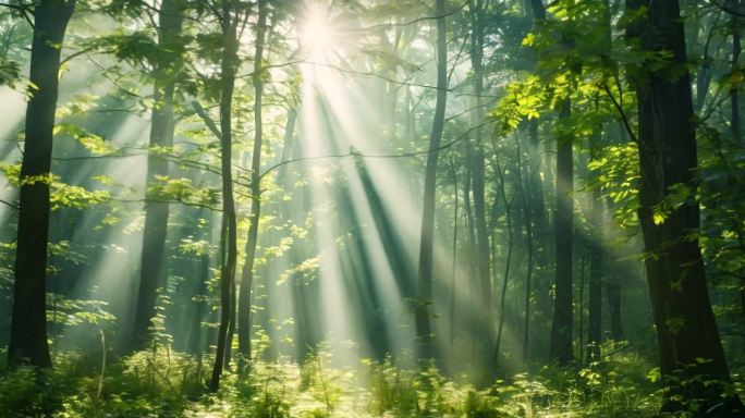天然氧吧森林光影森林晨雾树林唯美阳光