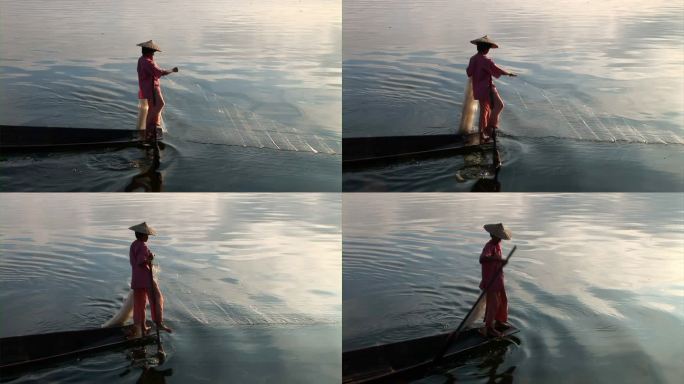一个女人在收集渔网