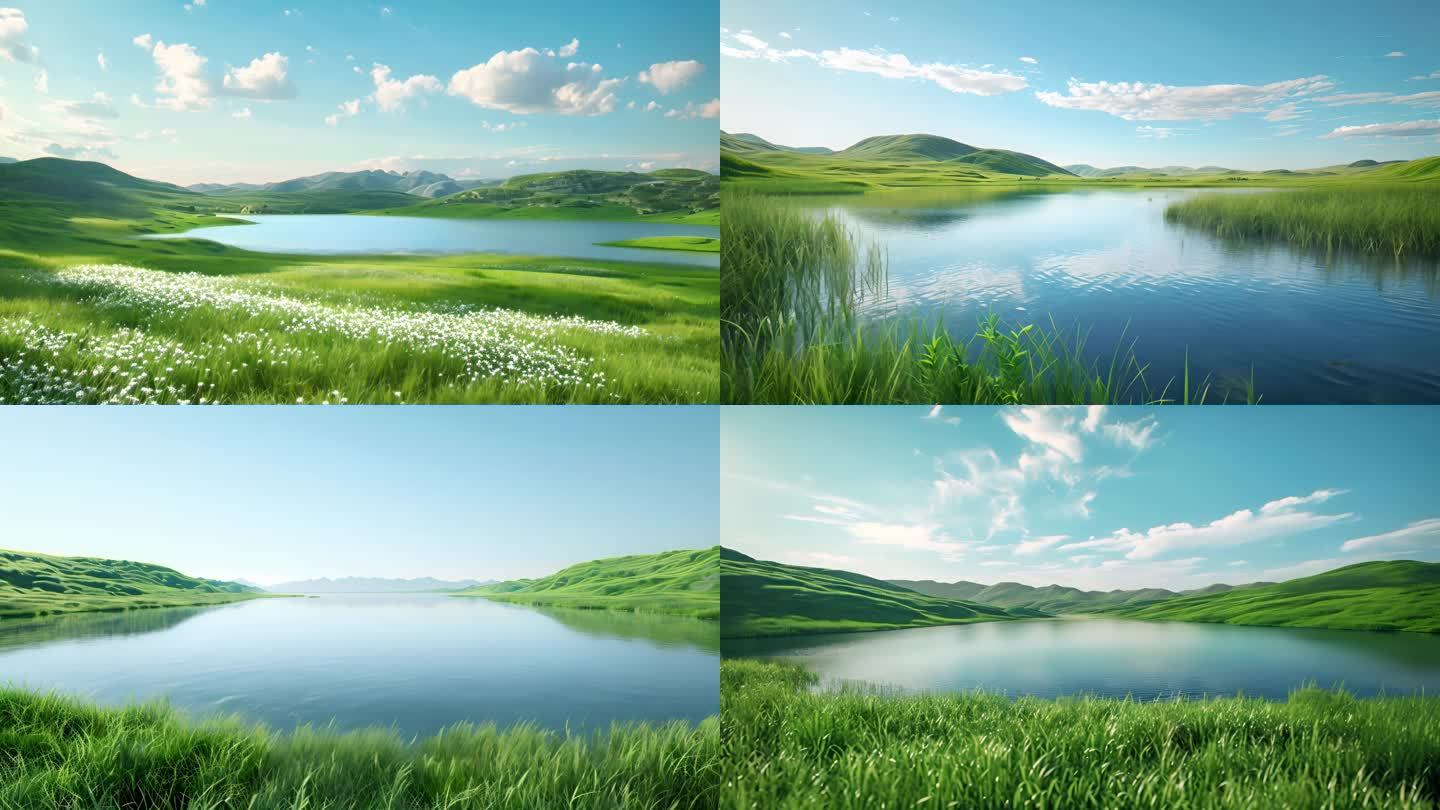 蓝天白云草原湖泊清新风光，春天绿色广告
