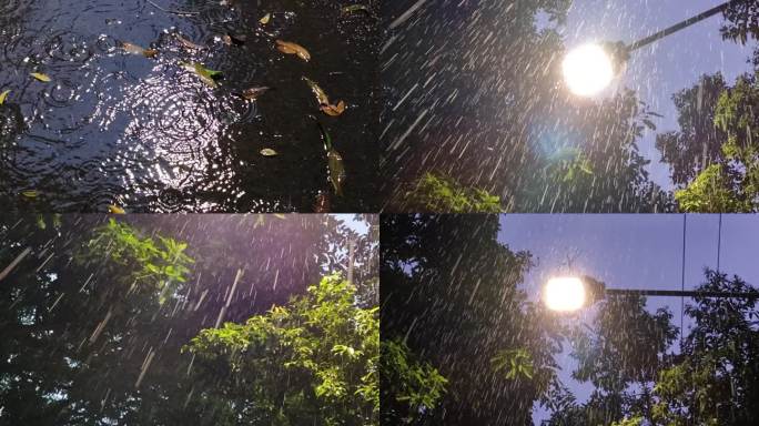 路灯夜景大雨倾盘夏天晚上雨夜路灯雨天夜晚