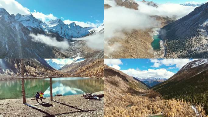 湖泊、雪山、秋景,自然风景,航拍、延时
