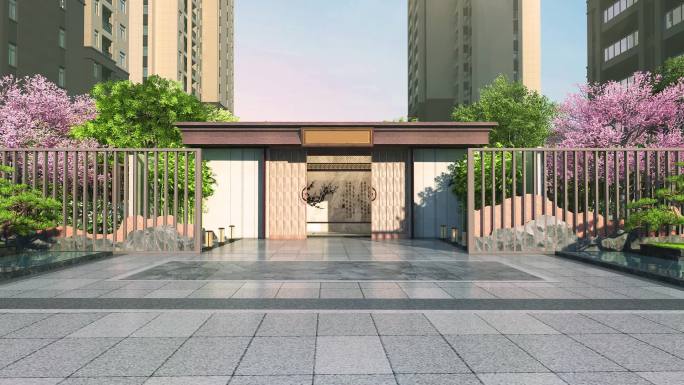 新中式园林大门铺装入口景观