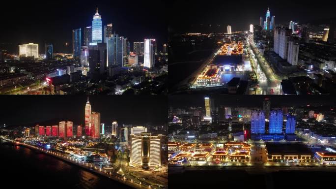 山东烟台滨海广场夜景航拍延时芝罘区夜晚