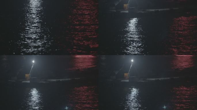 夜晚的海面  夜钓小船 小船 波光倒影