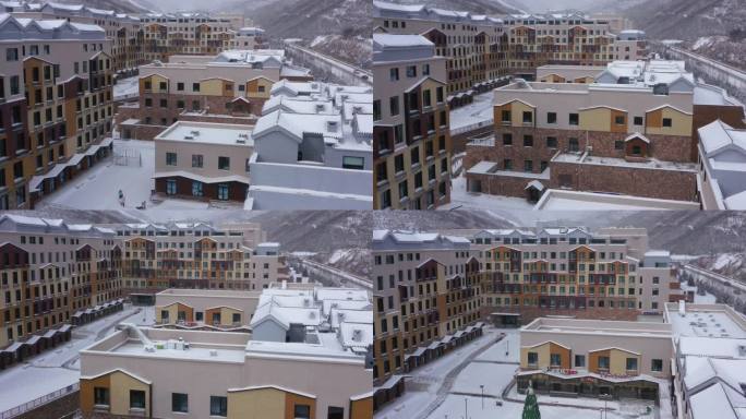 航拍张家口崇礼区密苑云顶滑雪场酒店雪景