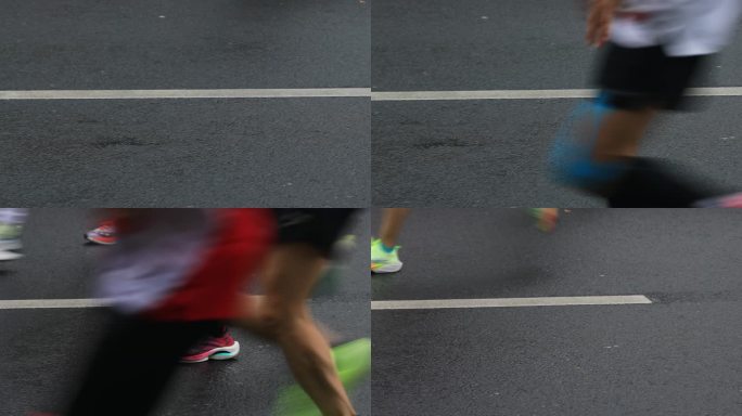 穿着运动鞋运动员跑步腿部特写。马拉松迅速