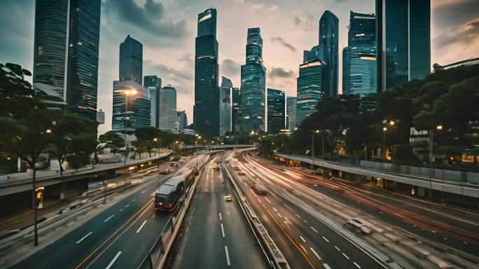 新加坡金融区中央大道的人流车流和天际线