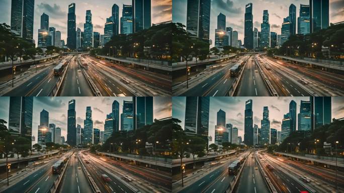 新加坡金融区中央大道的人流车流和天际线