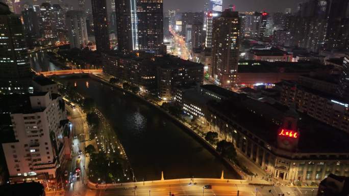 上海夜景航拍苏州河黄浦区虹口区浦东新区夜