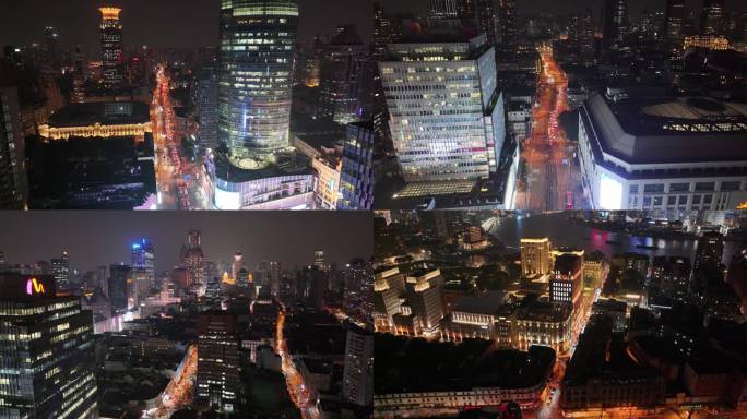 上海夜景航拍外滩南京东路黄浦区虹口区浦东