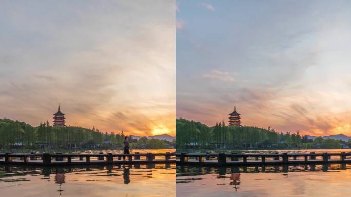 杭州西湖长桥和雷峰塔日转夜延时4K竖屏