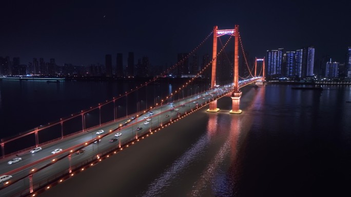 航拍武汉鹦鹉洲长江大桥夜景4K