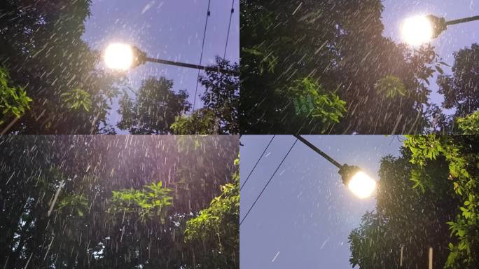 路灯夜景大雨倾盘夏天晚上雨夜路灯雨天夜晚