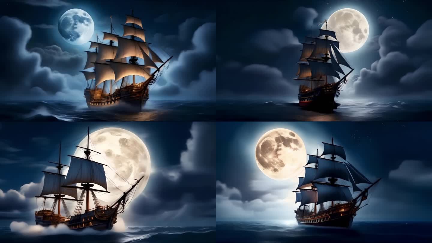 大海海上明月圆月帆船