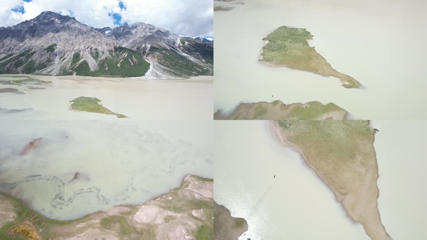 六七月西藏然乌湖航拍草原湖泊雪山同框风景